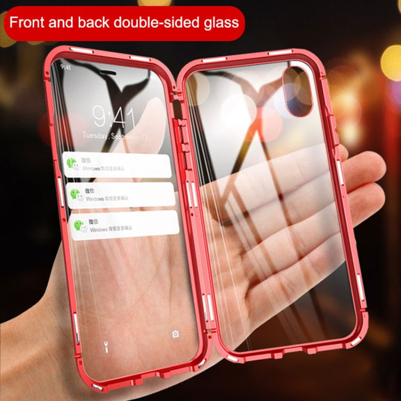 For iPhone X / XS Ultra Slim Double Sides Magnetic Adsorption Angular Frame Tempered Glass Magnet Flip Case(Gold)