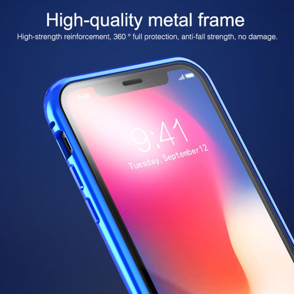 For iPhone X / XS Ultra Slim Double Sides Magnetic Adsorption Angular Frame Tempered Glass Magnet Flip Case(Gold)