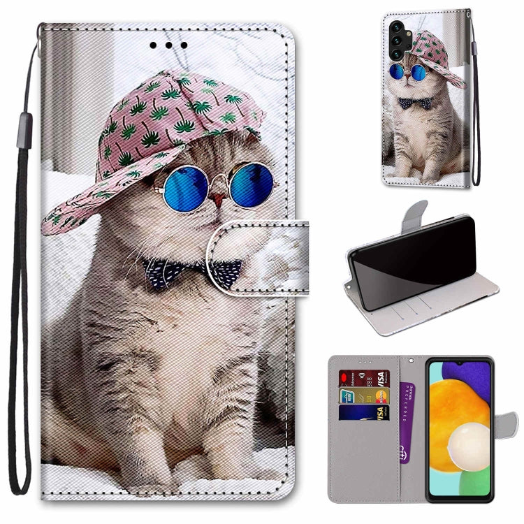 For Samsung Galaxy A13 4G Coloured Drawing Cross Texture Horizontal Flip PU Phone Leather Case with Holder & Card Slots & Wallet & Lanyard(Colorful Layer(Oblique Hat Blue Mirror Cat) - free shipping - PMC TechLife - Order now!