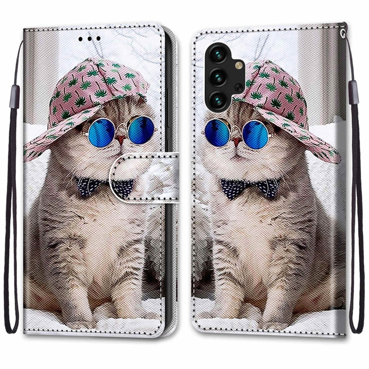 For Samsung Galaxy A13 4G Coloured Drawing Cross Texture Horizontal Flip PU Phone Leather Case with Holder & Card Slots & Wallet & Lanyard(Colorful Layer(Oblique Hat Blue Mirror Cat) - free shipping - PMC TechLife - Order now!