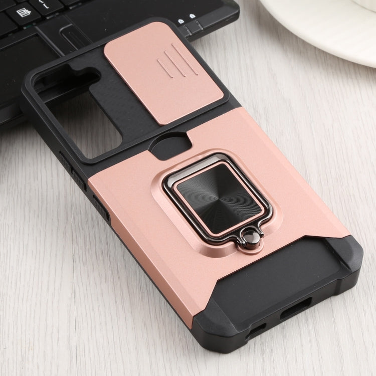 For Samsung Galaxy S22 5G Sliding Camera Cover Design PC + TPU Shockproof Phone Case with Ring Holder & Card Slot(Rose Gold)