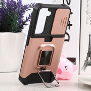 For Samsung Galaxy S22 5G Sliding Camera Cover Design PC + TPU Shockproof Phone Case with Ring Holder & Card Slot(Rose Gold)