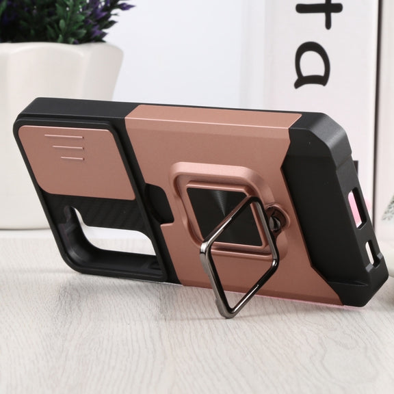 For Samsung Galaxy S22 5G Sliding Camera Cover Design PC + TPU Shockproof Phone Case with Ring Holder & Card Slot(Rose Gold)