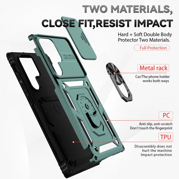 For Samsung Galaxy S22 Ultra 5G Sliding Camshield Holder Phone Case(Dark Green)