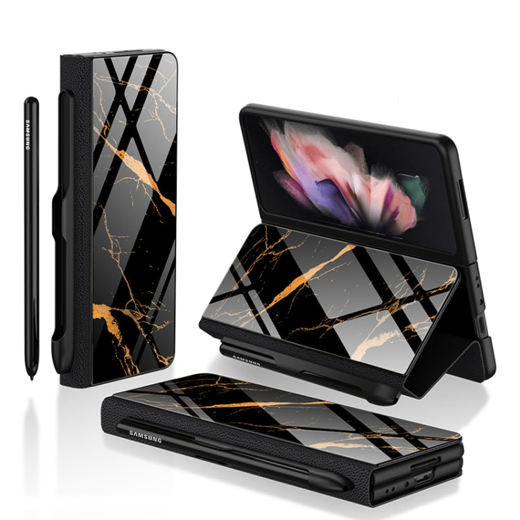 For Samsung Galaxy Z Fold3 5G GKK Flip Tempered Glass Phone Case with Pen Slot(Gold Line Black) - Galaxy Phone Cases by GKK | Online Shopping South Africa | PMC TechLife | Buy Now Pay Later Mobicred