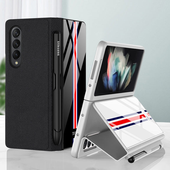For Samsung Galaxy Z Fold3 5G GKK Flip Tempered Glass Phone Case with Pen Slot(Gold Line Black)
