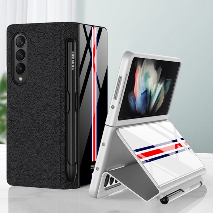 For Samsung Galaxy Z Fold3 5G GKK Flip Tempered Glass Phone Case with Pen Slot(Gold Line Black)