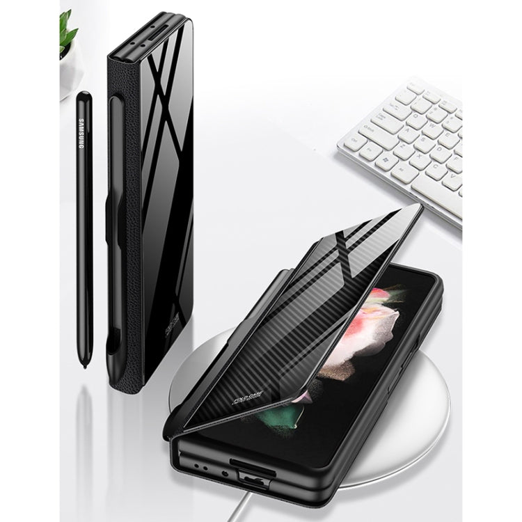 For Samsung Galaxy Z Fold3 5G GKK Flip Tempered Glass Phone Case with Pen Slot(Gold Line Black) - Galaxy Phone Cases by GKK | Online Shopping South Africa | PMC TechLife | Buy Now Pay Later Mobicred