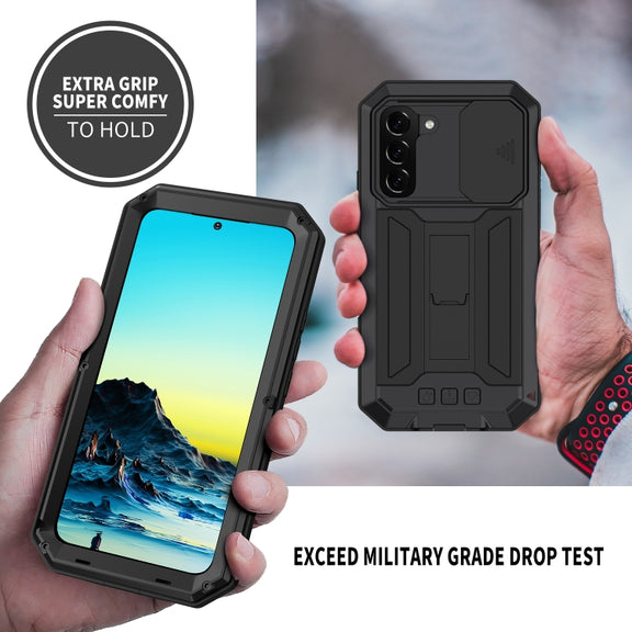 For Samsung Galaxy S22 5G R-JUST Sliding Camera Metal + Silicone Holder Phone Case(Black)