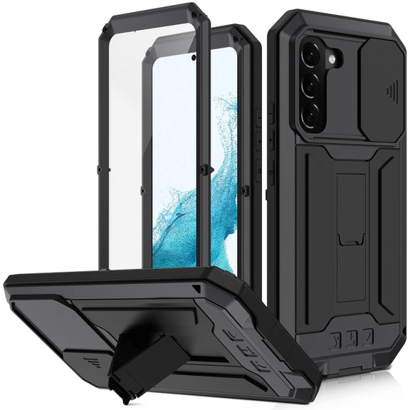 For Samsung Galaxy S22 5G R-JUST Sliding Camera Metal + Silicone Holder Phone Case(Black)