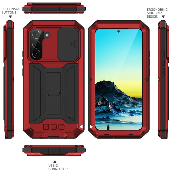 For Samsung Galaxy S22 5G R-JUST Sliding Camera Metal + Silicone Holder Phone Case(Red)