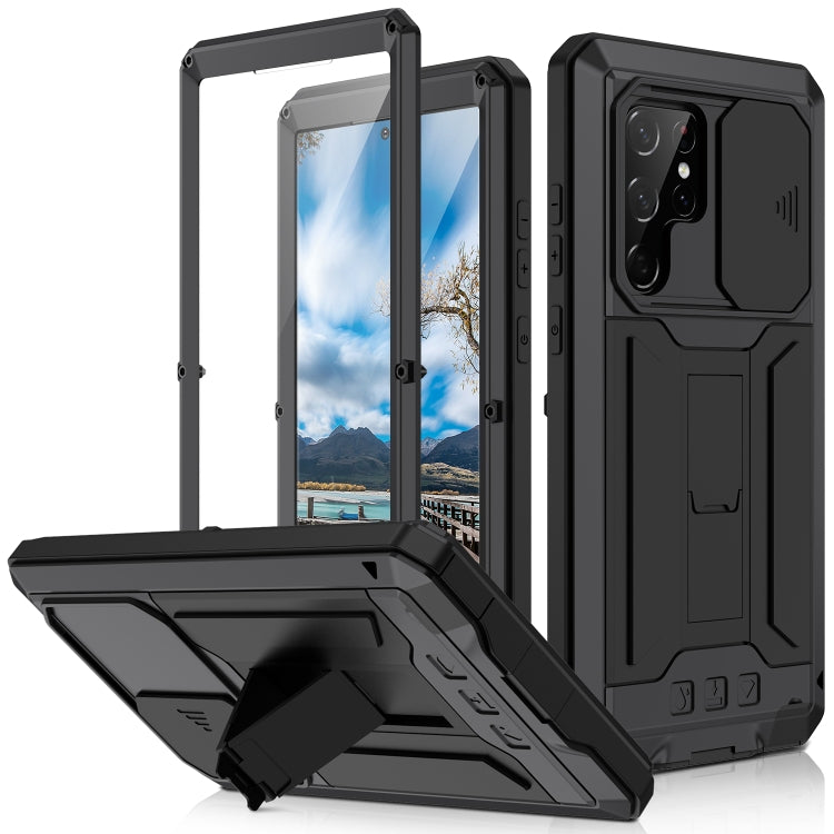 For Samsung Galaxy S22 Ultra 5G R-JUST Sliding Camera Metal + Silicone Holder Phone Case(Black) - Galaxy S22 Ultra 5G Cases by R-JUST | Online Shopping South Africa | PMC Jewellery | Buy Now Pay Later Mobicred