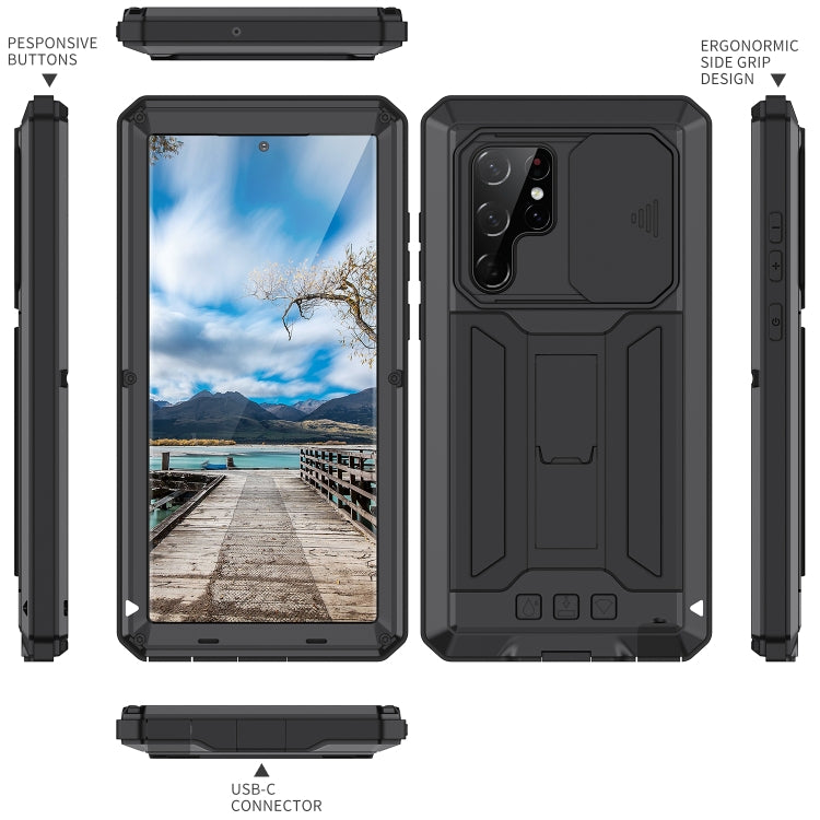 For Samsung Galaxy S22 Ultra 5G R-JUST Sliding Camera Metal + Silicone Holder Phone Case(Black)