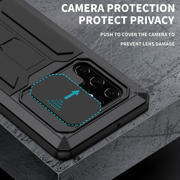 For Samsung Galaxy S22 Ultra 5G R-JUST Sliding Camera Metal + Silicone Holder Phone Case(Black)
