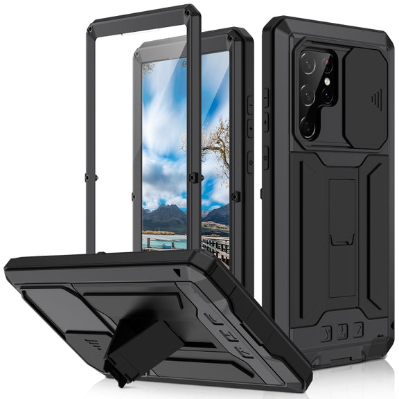 For Samsung Galaxy S22 Ultra 5G R-JUST Sliding Camera Metal + Silicone Holder Phone Case(Black)