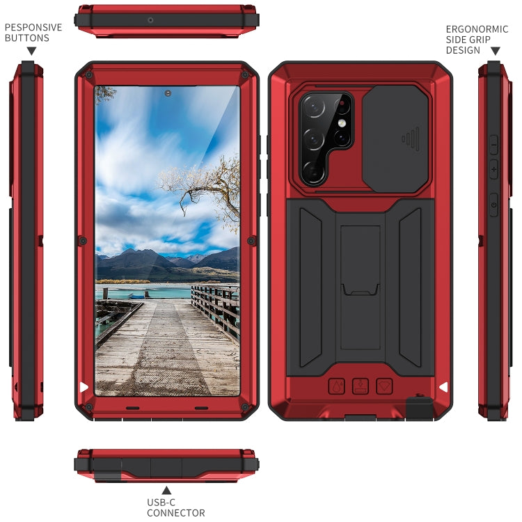 For Samsung Galaxy S22 Ultra 5G R-JUST Sliding Camera Metal + Silicone Holder Phone Case(Red)