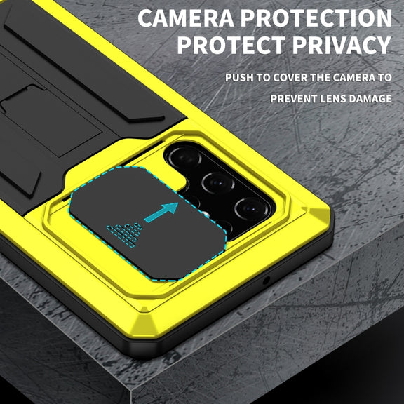 For Samsung Galaxy S22 Ultra 5G R-JUST Sliding Camera Metal + Silicone Holder Phone Case(Yellow)