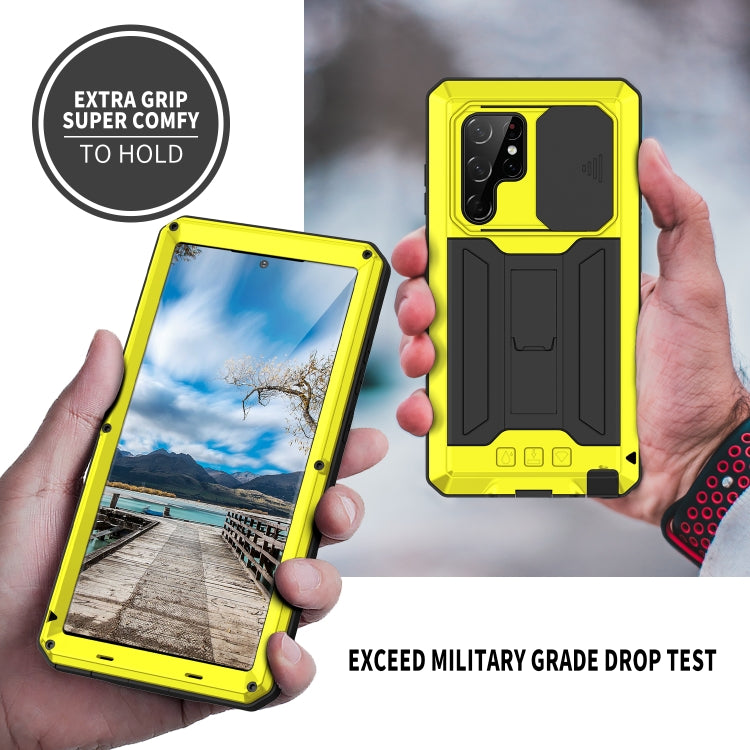 For Samsung Galaxy S22 Ultra 5G R-JUST Sliding Camera Metal + Silicone Holder Phone Case(Yellow) - free shipping - PMC TechLife - Order now!
