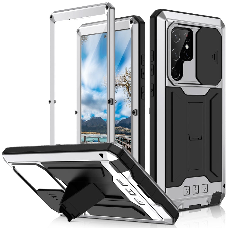 For Samsung Galaxy S22 Ultra 5G R-JUST Sliding Camera Metal + Silicone Holder Phone Case(Silver) - Galaxy S22 Ultra 5G Cases by R-JUST | Online Shopping South Africa | PMC TechLife | Buy Now Pay Later Mobicred