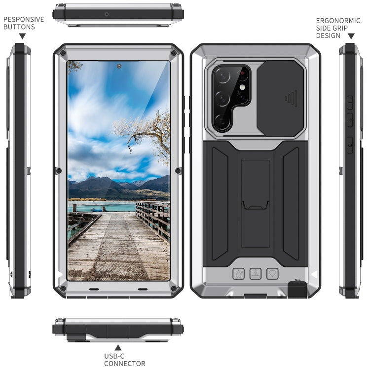 For Samsung Galaxy S22 Ultra 5G R-JUST Sliding Camera Metal + Silicone Holder Phone Case(Silver)