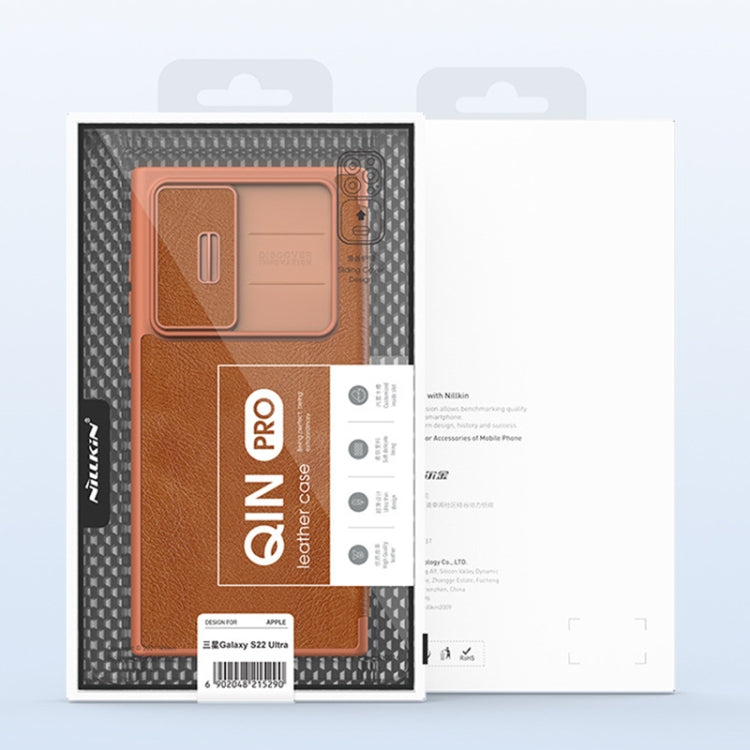For Samsung Galaxy S22+ 5G NILLKIN QIN Series Pro Sliding Camera Cover Design Leather Phone Case(Brown)