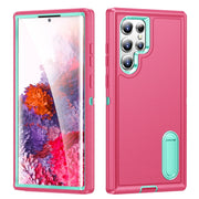 For Samsung Galaxy S22 Ultra 5G 3 in 1 Rugged Holder Phone Case(Pink+Blue)