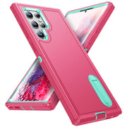 For Samsung Galaxy S22 Ultra 5G 3 in 1 Rugged Holder Phone Case(Pink+Blue)