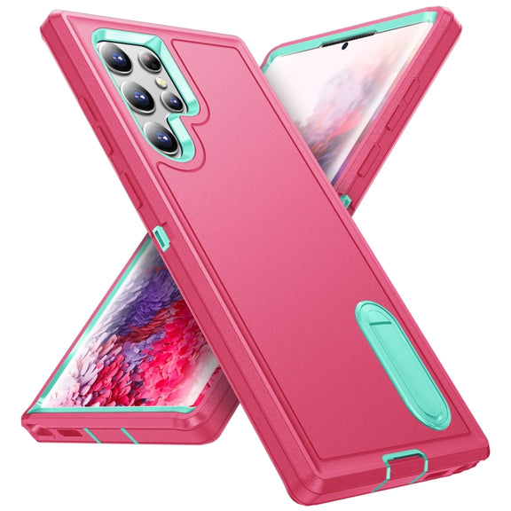 For Samsung Galaxy S22 Ultra 5G 3 in 1 Rugged Holder Phone Case(Pink+Blue)