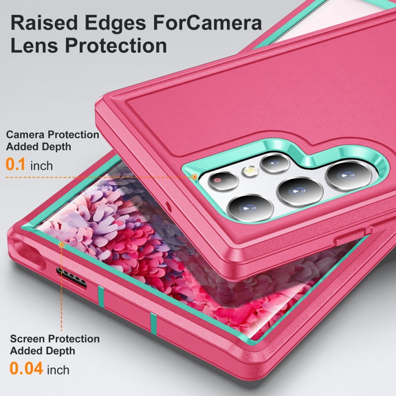 For Samsung Galaxy S22 Ultra 5G 3 in 1 Rugged Holder Phone Case(Pink+Blue)