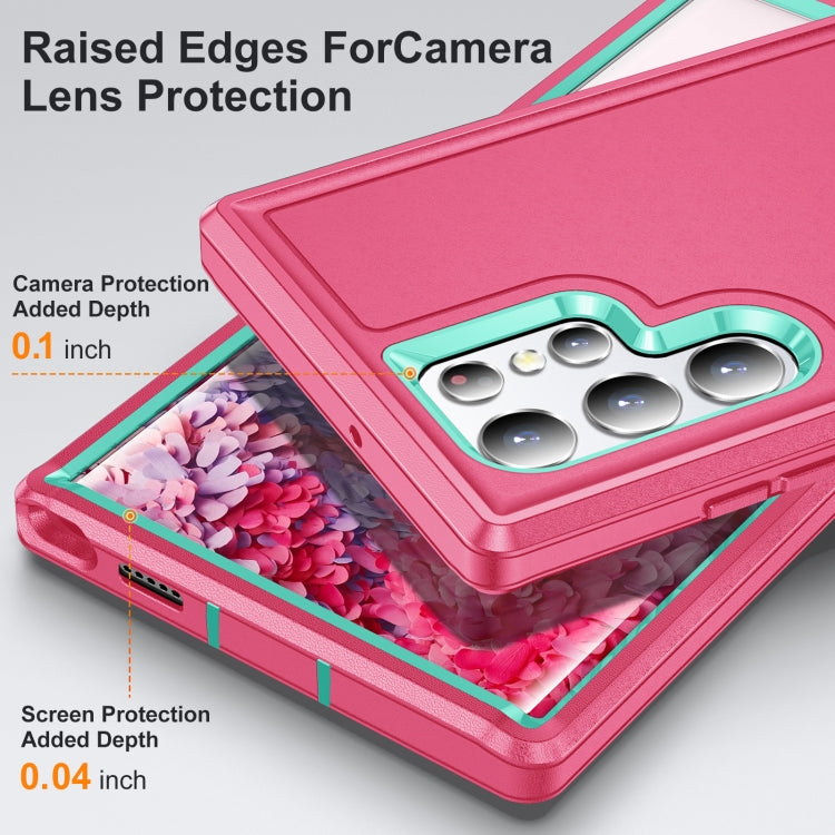 For Samsung Galaxy S22 Ultra 5G 3 in 1 Rugged Holder Phone Case(Pink+Blue)