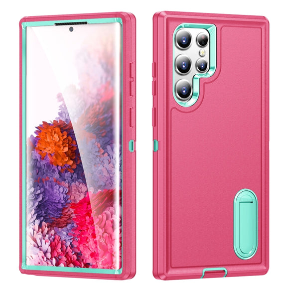For Samsung Galaxy S22 Ultra 5G 3 in 1 Rugged Holder Phone Case(Pink+Blue)