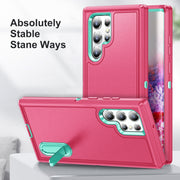 For Samsung Galaxy S22 Ultra 5G 3 in 1 Rugged Holder Phone Case(Pink+Blue)