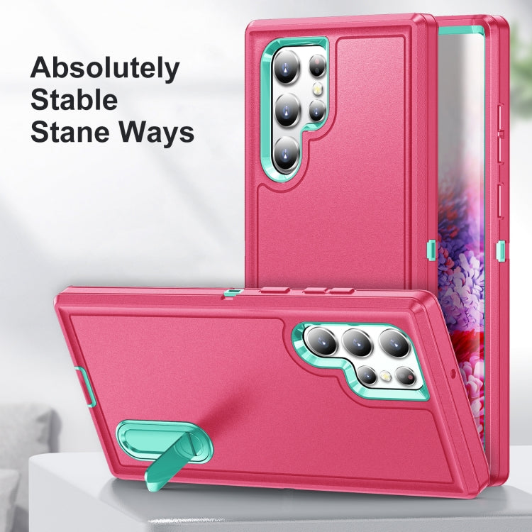 For Samsung Galaxy S22 Ultra 5G 3 in 1 Rugged Holder Phone Case(Pink+Blue)