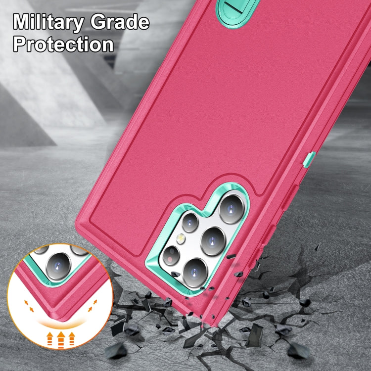 For Samsung Galaxy S22 Ultra 5G 3 in 1 Rugged Holder Phone Case(Pink+Blue)