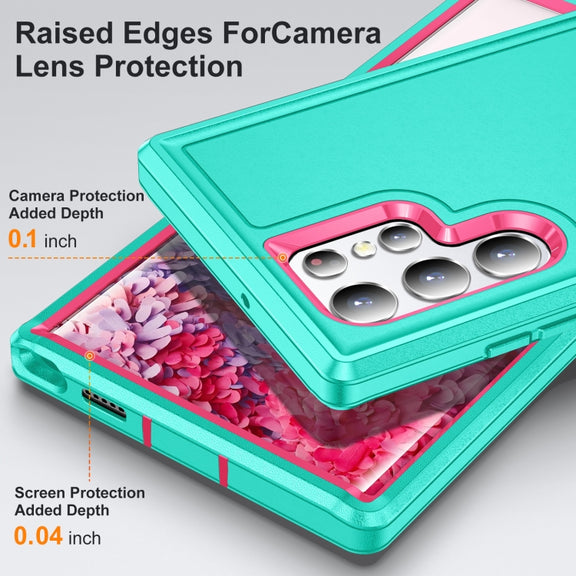 For Samsung Galaxy S22 Ultra 5G 3 in 1 Rugged Holder Phone Case(Blue+Pink)