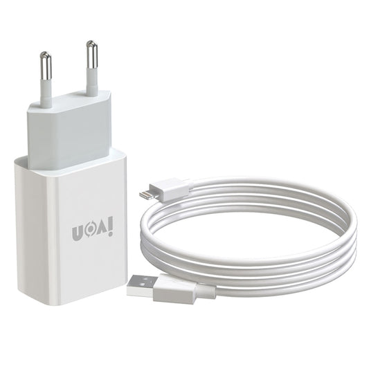 IVON AD-33 2 in 1 2.1A Single USB Port Travel Charger + 1m USB to 8 Pin Data Cable Set, EU Plug(White) - USB Charger by IVON | Online Shopping South Africa | PMC Jewellery | Buy Now Pay Later Mobicred
