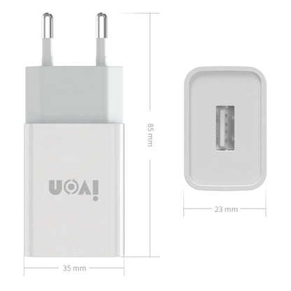 IVON AD-33 2 in 1 2.1A Single USB Port Travel Charger + 1m USB to 8 Pin Data Cable Set, EU Plug(White) - USB Charger by IVON | Online Shopping South Africa | PMC Jewellery | Buy Now Pay Later Mobicred