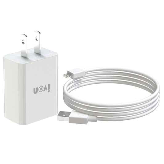 IVON AD-33 2 in 1 2.1A Single USB Port Travel Charger + 1m USB to 8 Pin Data Cable Set, US Plug(White) - USB Charger by IVON | Online Shopping South Africa | PMC Jewellery | Buy Now Pay Later Mobicred