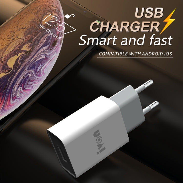 IVON AD-33 2 in 1 2.1A Single USB Port Travel Charger + 1m USB to 8 Pin Data Cable Set, US Plug(White) - USB Charger by IVON | Online Shopping South Africa | PMC TechLife | Buy Now Pay Later Mobicred