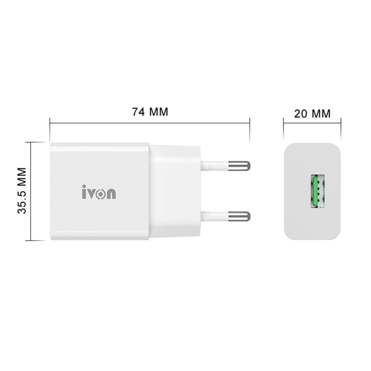 IVON AD-35 2 in 1 18W QC3.0 USB Port Travel Charger + 1m USB to 8 Pin Data Cable Set, EU Plug(White) - USB Charger by IVON | Online Shopping South Africa | PMC TechLife