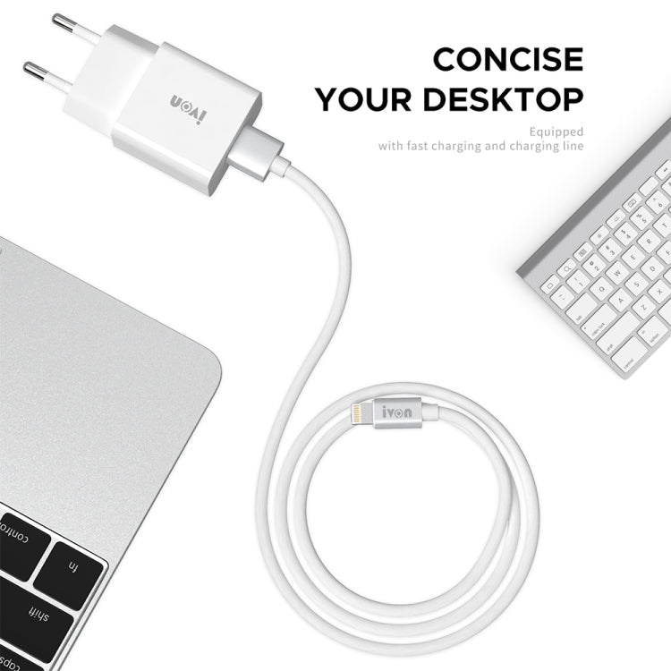 IVON AD-35 2 in 1 18W QC3.0 USB Port Travel Charger + 1m USB to 8 Pin Data Cable Set, EU Plug(White) - USB Charger by IVON | Online Shopping South Africa | PMC TechLife
