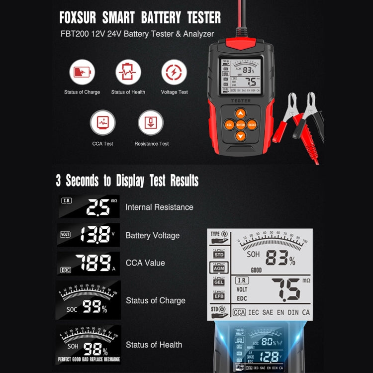 FOXSUR FBT200 12V / 24V Car Battery Tester (Red)