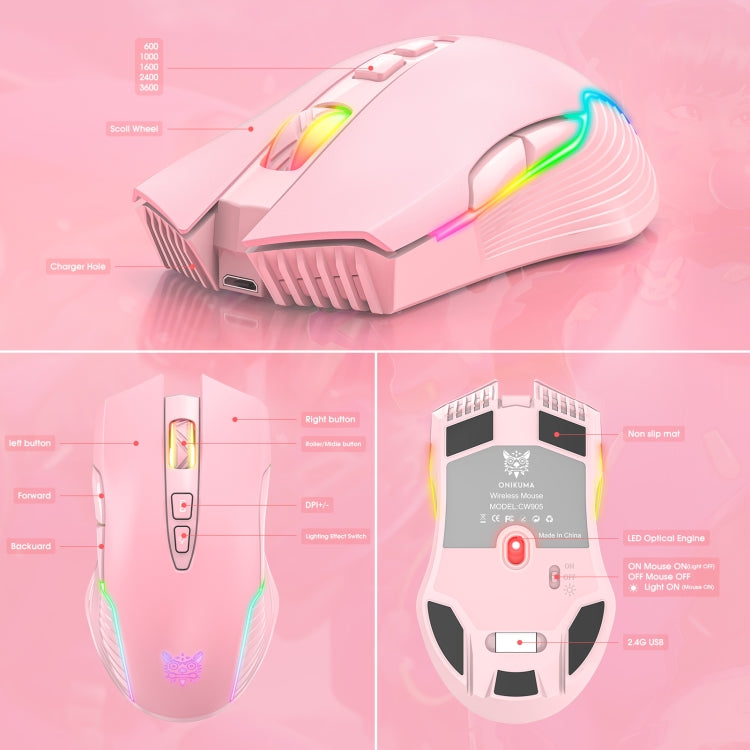 ONIKUMA CW905 2.4G RGB Lighting Wireless Mouse(Pink) - free shipping - PMC Jewellery - Order now!