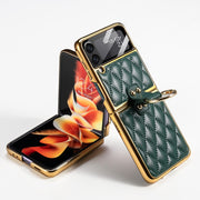 For Samsung Galaxy Z Flip3 5G GKK Integrated Plating + Leather Phone Case with Ring(Dark Green)
