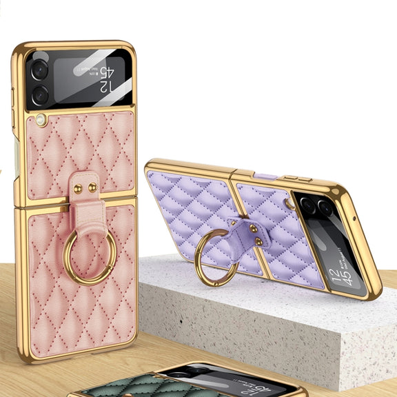 For Samsung Galaxy Z Flip3 5G GKK Integrated Plating + Leather Phone Case with Ring(Dark Green)