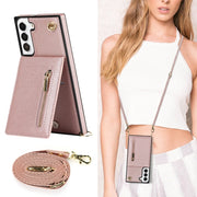 For Samsung Galaxy S22 5G Cross-body Square Zipper Card Holder Bag Phone Case(Rose Gold)