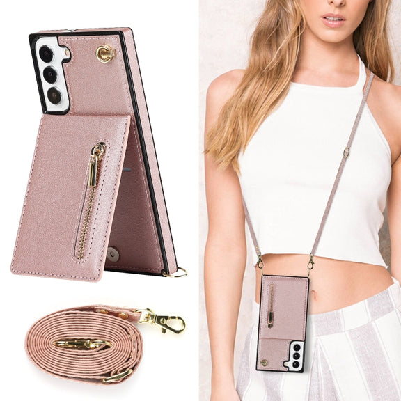 For Samsung Galaxy S22 5G Cross-body Square Zipper Card Holder Bag Phone Case(Rose Gold)