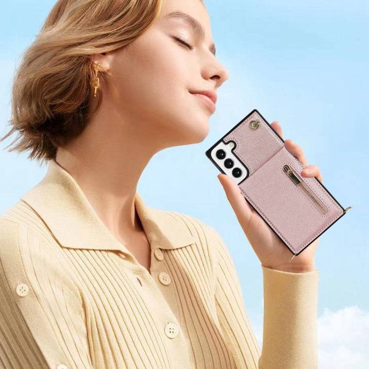 For Samsung Galaxy S22 5G Cross-body Square Zipper Card Holder Bag Phone Case(Rose Gold)