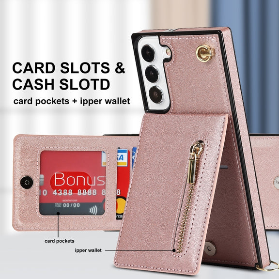 For Samsung Galaxy S22 5G Cross-body Square Zipper Card Holder Bag Phone Case(Rose Gold)