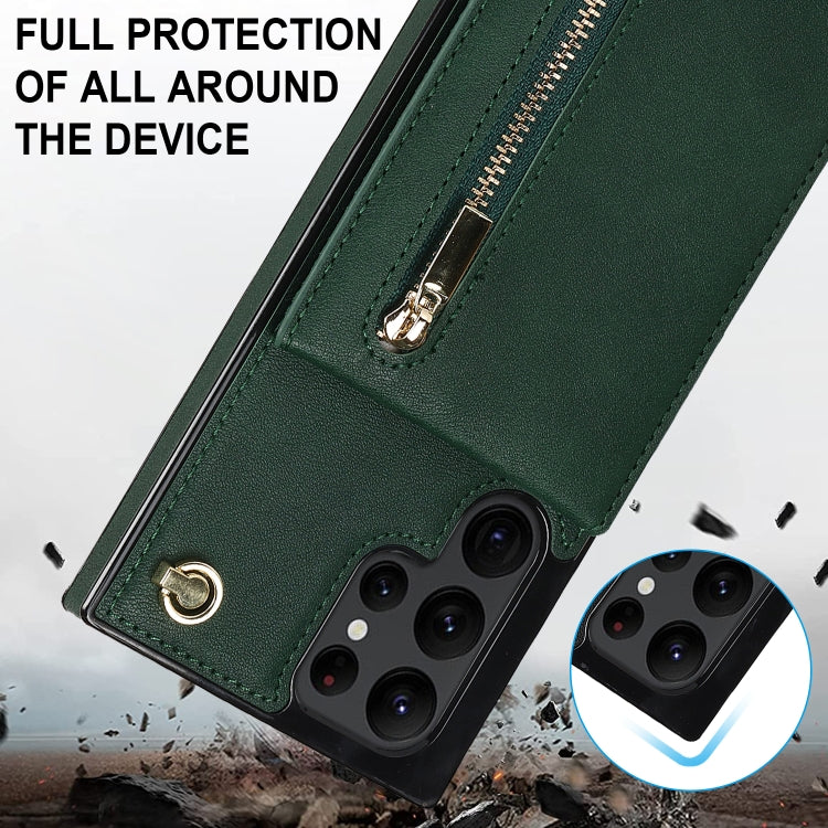 For Samsung Galaxy S22 Ultra 5G Cross-body Square Zipper Card Holder Bag Phone Case(Green) - free shipping - PMC TechLife - Order now!
